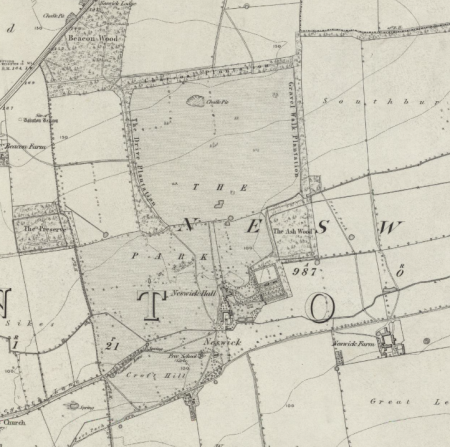 Neswick Hall parkland from OS 1st edition 6" map, surveyed 1851. National Library of Scotland. CC-BY-NC-SA