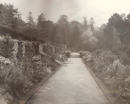 Bolton Hall Terrace Walk c.1900 Old photograph showing path with flower borders to either side and viewing tower in the distance