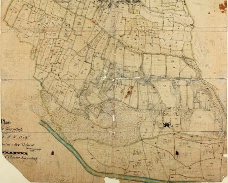 1803 plan of Preston township - extract showing Bolton Hall and surroundings Historic map showing roads, fields and woodland surrounding the hall