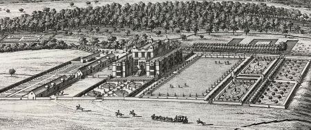 Constable Burton Kip & Knyff, 1707 Engraving of country house surrounded by formal gardens