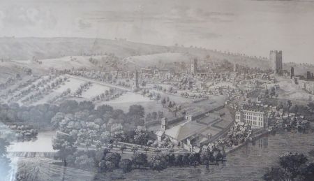 SW Prospect of Richmond by Samuel Buck, 1749 Engraving of birds eye view of the town of Richmond showing buildings, castle and church towers and surrounding fields