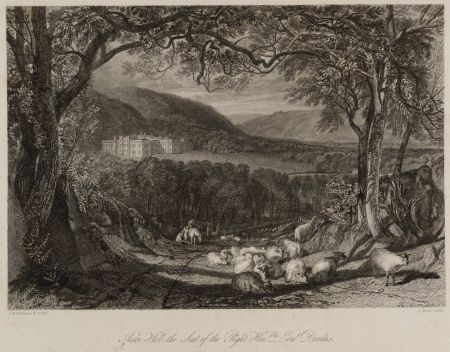 Print of JWM Turner's painting of Aske Hall 1820 Black and white engraving showing country house in distance with sheep in foreground