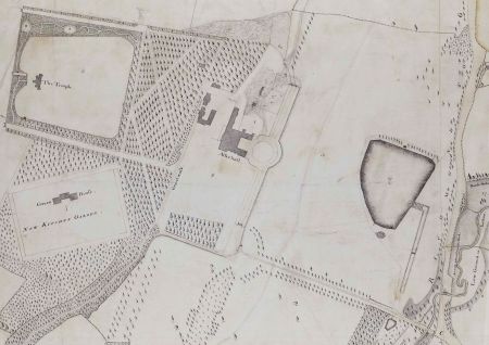 Extract from Plan of the grounds of Aske Hall, c.1763 Historic map showing country house at centre with other landscape features marked, including lake, temple and kitchen garden