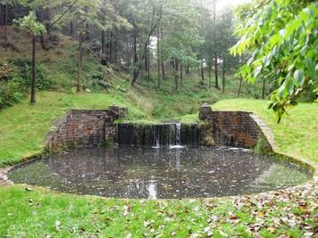 Circular pond with cascade in Low Wood Woodland area with circular pons and waterfall